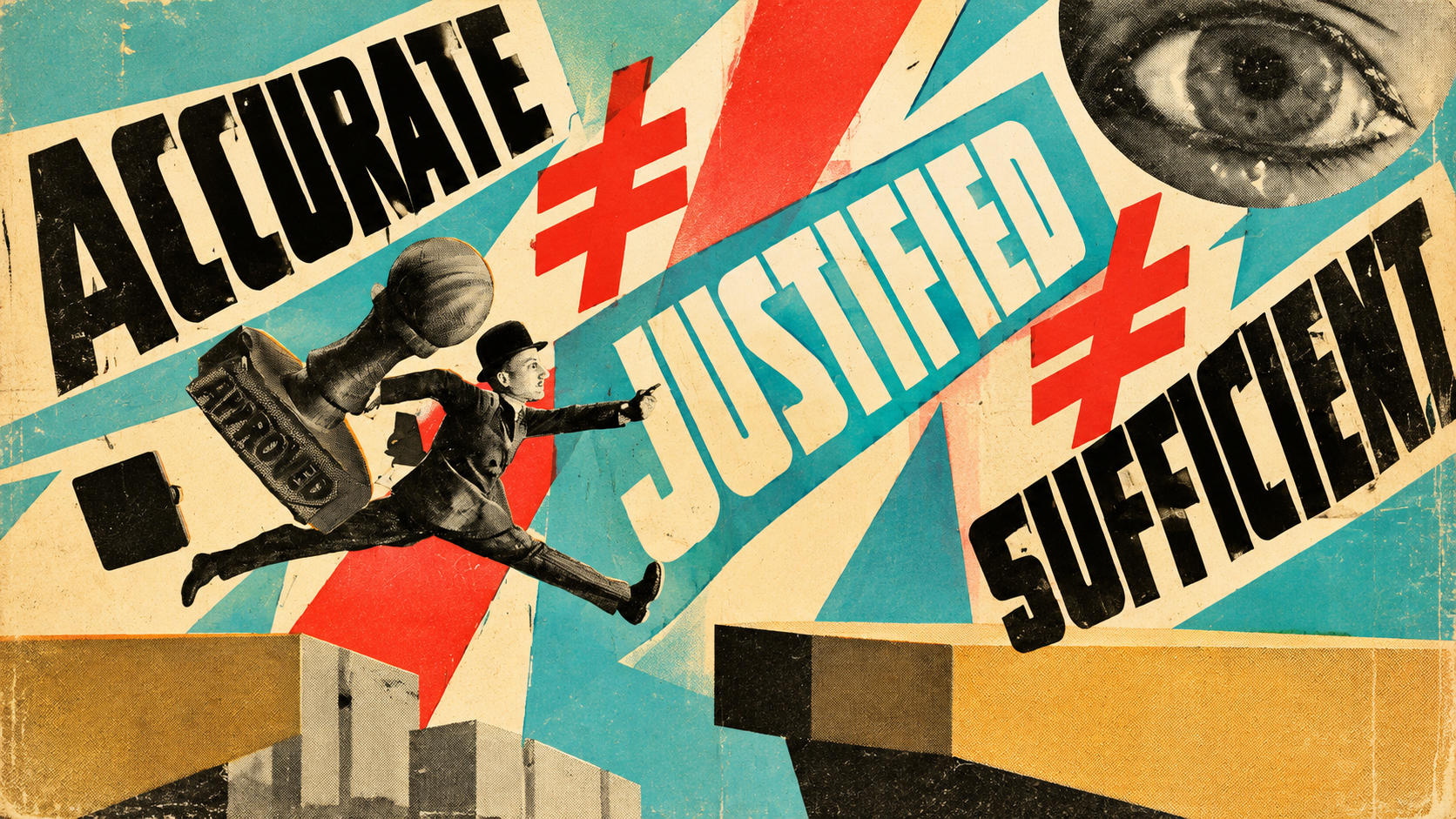 Constructivist collage: Accurate ≠ Justified ≠ Sufficient — a man with an APPROVED stamp leaps a gap under a watching eye